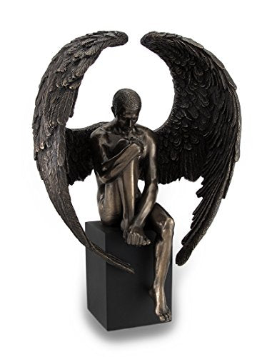 Unicorn Studio Resin Sculptures Bronze Finished Pensive Male Angel Statue On Black Base 7 X 10 X 4 Inches Bronze