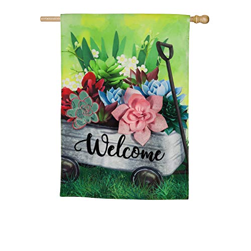 Evergreen Galvanized Wagon with Succulents House Linen Flag - 28 x 1 x 44 Inches