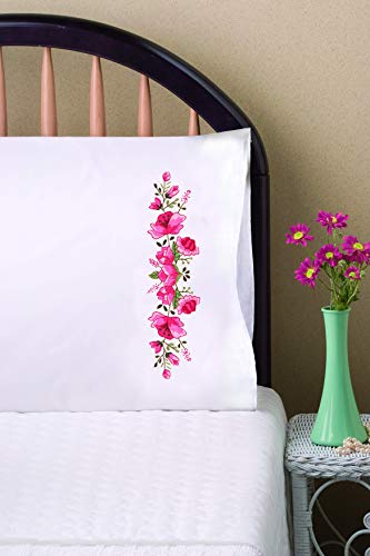 Design Works Crafts Tobin Stamped Pillowcases, Pink Floral, 20" x 30" Embroidery Kit