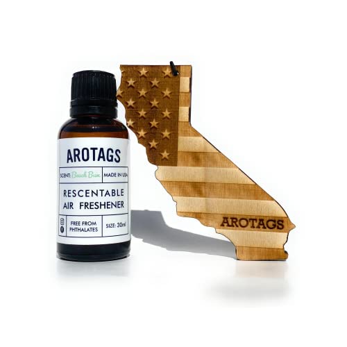 Arotags California Patriot Wooden Car Air Freshener - Long Lasting Beach Bum Scent Diffuses for 365+ Days - Includes Hanging Mirror Diffuser and Fragrance Oil - 100% American Made