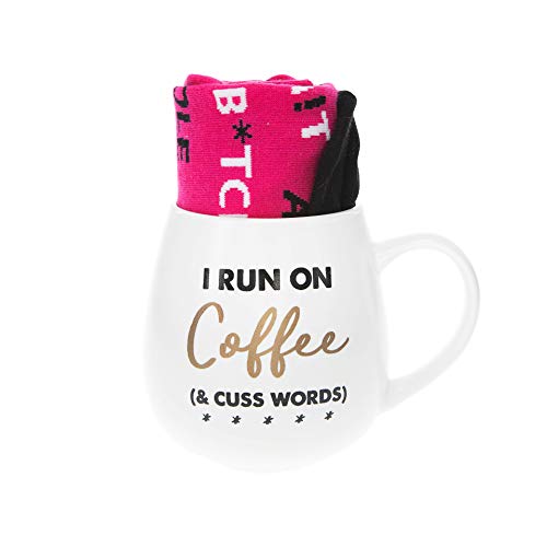 Pavilion Gift Company 71303 I Run Cuss Word Socks & 15.5 Oz Coffee Cup Mug Gift Set, White