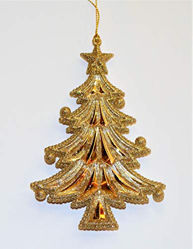 Kurt Adler GOLD GLITTER CHRISTMAS TREE WITH STAR TREE TOP AND GOLD BEADS ORNAMENT - 3 ASSORTED