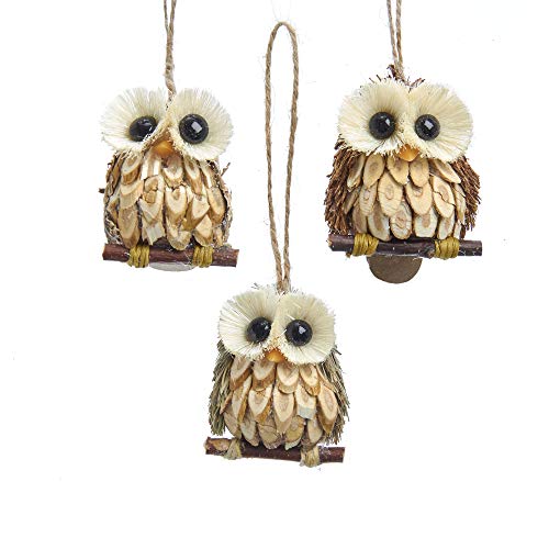 Kurt Adler Wood and Sisal Owl Ornaments (2.4 Inches)