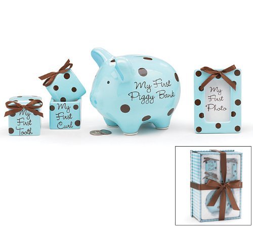 burton + BURTON Baby Boy 4 Piece Keepsake Gift Set With Piggy Bank, First Tooth Box,First Curl Box and Photo Frame