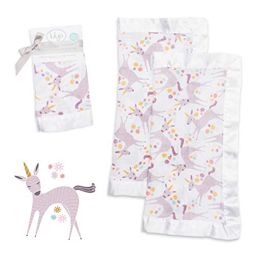 Mary Meyer lulujo Baby Security Lovie Blankets| Unisex Softest Breathable Cotton Muslin Security Blanket with Silky Satin Trim| Neutral Comforting Blanket for Girls & Boys | 16in by 16 in| Unicorn