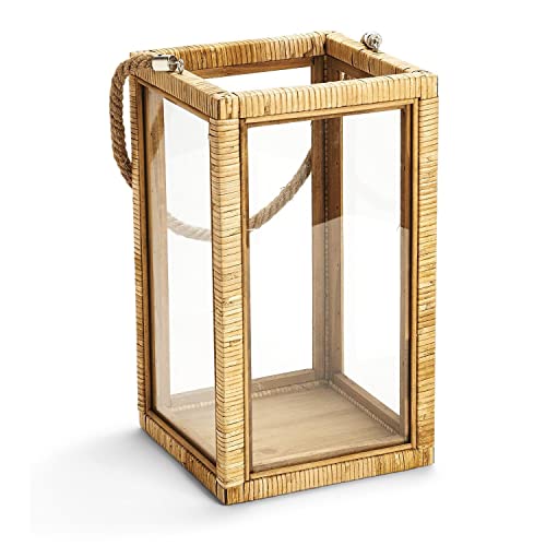 Two's Company Bali Decorative Rattan Lanterns with Rope Handle (Hangs or Stands, use only Battery Operated Candles), Fir Wood/Rattan/Glass