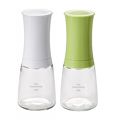 Kyocera 2-Piece Pepper, Salt, Seed and Spice Everything Mill Set with Adjustable Advanced Ceramic Grinder, Brilliant White/Apple Green