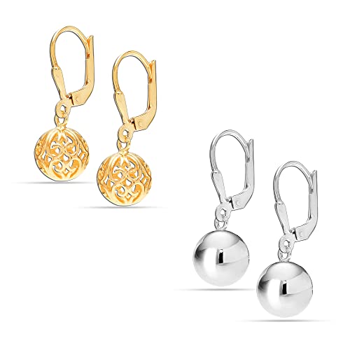 LeCalla 925 Sterling Silver Light-Weight Filigree Ball Leverback Dangle Earring for Women Teen 10 MM