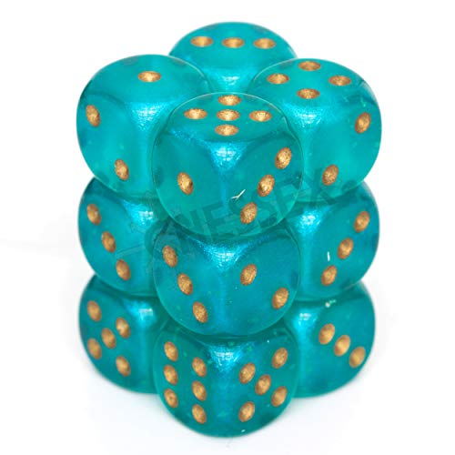 Chessex Borealis 16mm d6 Teal/Gold Luminary Dice Block (12 dice) (27785) , Blue