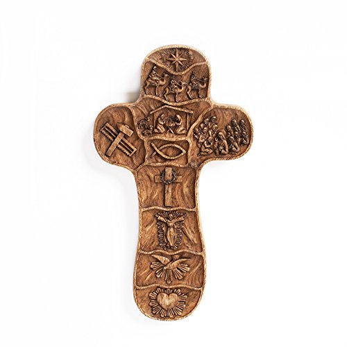 Roman Embossed Wall Cross with The Scenes from The Life Story of Christ, 8-Inch, Wood Tone