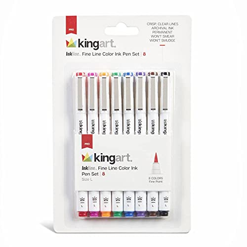 KINGART Inkline Fine Line Art & Graphic Pens, Archival Ink, Set of 8 Unique Colors, Large Fine Point