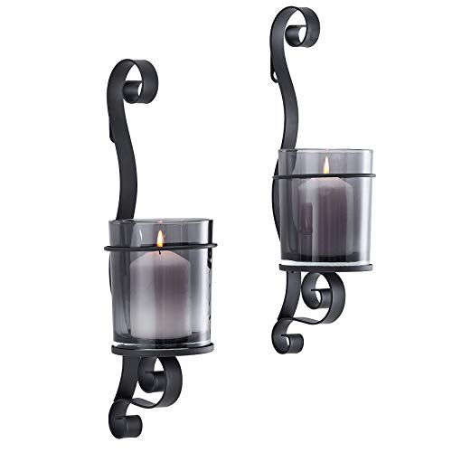 Danya B. 14.5" Vintage Black Wall Sconce Candle Holder Set of 2 with Smoke Glass Hurricanes and Iron Metal Frames, Rustic Style, for Standard Pillar or Flame-Less LED Candles