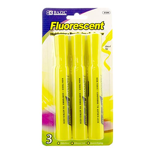 BAZIC Highlighter Yellow Color Desk Style, Chisel Tip Broad Fine Line Highlighters, Unscented Highlighting Coloring Marker (3/Pack), 1-Pack