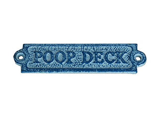 Hampton Iron Rustic Light Blue Whitewashed Cast Iron Poop Deck Sign 6" - Metal Wall Plaque -