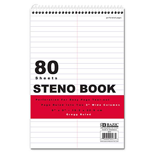 BAZIC Perforated Writing Pad Writing Pad, 80 Sheets 6"x9" White Gregg Ruled Steno Book, 1-Pack