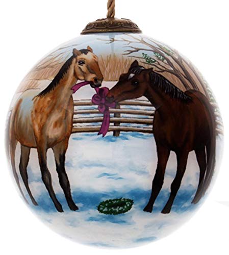 Inner Beauty 1710433 Look What We Found Horses Hand Painted Mouth Blown Glass Hanging Christmas Ornament, 3 Inches, Multicolor