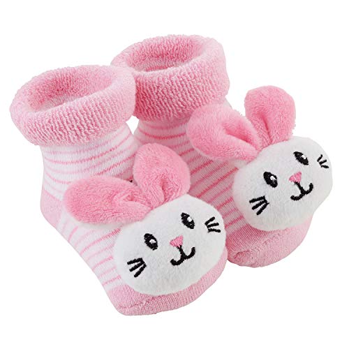 Creative Brands Stephan Baby Rattle Socks, Stripey Pink and White Bunnies, Fits 3-12 Months