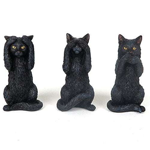 Unicorn Studio 3 Wise Black Kittens Cat - Hear, Speak, See No Evil - Figurine Miniature 3.75"H New