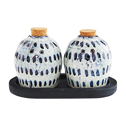 Mud Pie Reactive Salt Pepper Set shaker 3 1/2" x 2" dia | tray 2 3/4" x 5 , Black