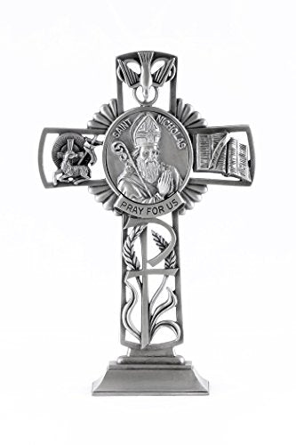 Christian Brands Pewter Catholic Saint St Nicholas Pray for Us Standing Cross, 6 Inch
