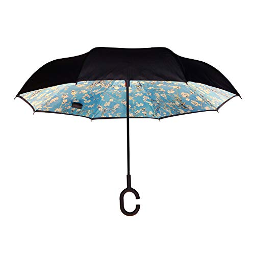 Calla Topsy Turvy Inverted Umbrella, Windproof, UV Protection, Drip-Free Inverted Design, Hands-Free Option, Comfort-Grip C-Shaped Handle and Exclusive Patterns, Almond Blossoms (2937)