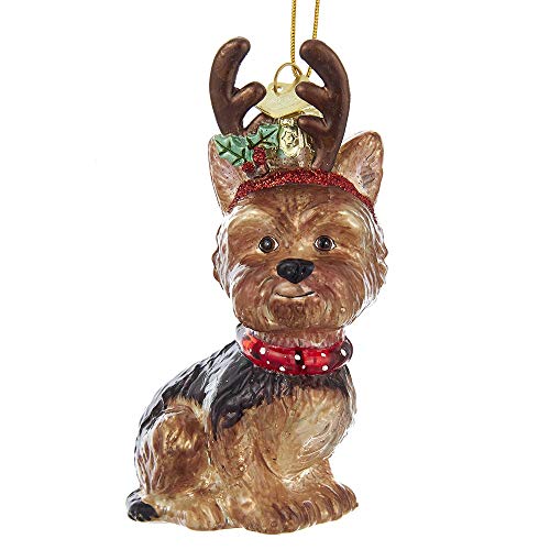 Kurt Adler NOBLE GEMS GLASS YORKSHIRE TERRIER WITH ANTLERS ORNAMENT