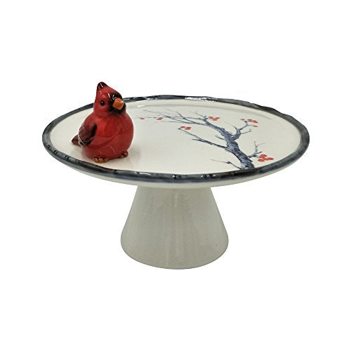 Comfy Hour Farmhouse Home Decor Collection Cake Plate Decorated with Red Cardinal and Decal Tree/Flower, Cake Stand, 7-Inch Diameter, Dolomite