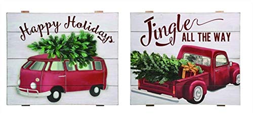 Transpac Y3386ZU MDF Christmas Truck Decorative Sign, Set of 2
