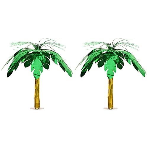 Beistle 2 Piece Metallic Plastic Palm Tree Cascade Centerpieces for Luau Hawaiian Theme Birthday Party Supplies Jungle Safari Decorations, 18", Green/Gold
