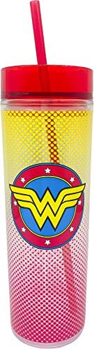 Spoontiques Wonder Woman Logo Tall Tumbler Cold Beverage Cup w/ Straw 16 oz Acrylic