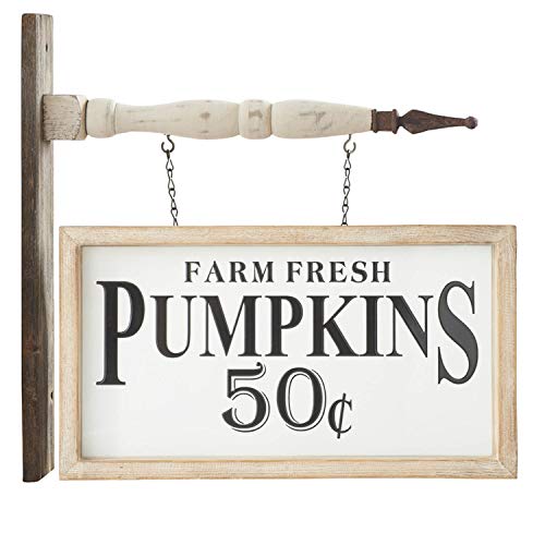 K&K Interiors 41529A-AR 16 Inch Wood Framed Enamel Farm Fresh Pumpkins Sign Arrow Replaceme, White