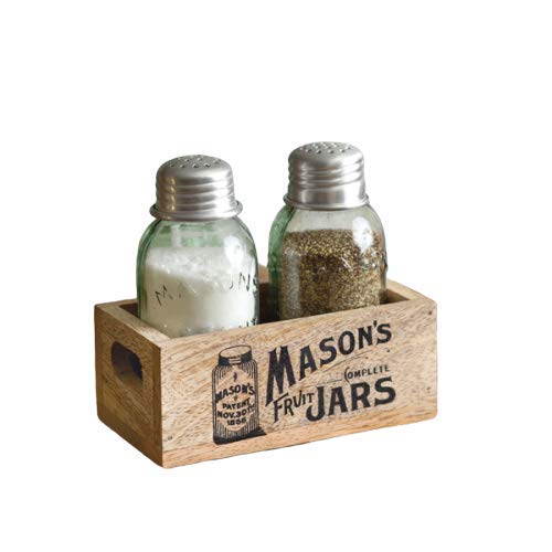 CTW Colonial Tinworks Mason Jar Salt & Pepper Shakers Set with Wood Tray for Rustic Farmhouse Table Decor, Vintage Home Decoration, and Gift(Box of 2)