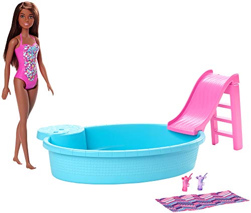 Mattel Barbie Doll, 11.5-Inch Brunette, and Pool Playset with Slide and Accessories, Gift for 3 to 7 Year Olds