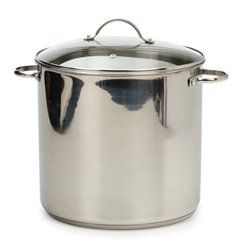 RSVP International Endurance Stock Pot Cookware w/ Lid, Stainless Steel, 16 Quart | Electric, Gas, & Induction Safe | Riveted Large Loop Handles |Dishwasher & Oven Safe