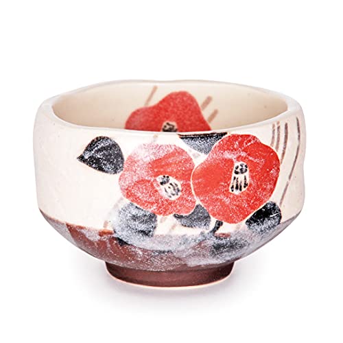FMC Fuji Merchandise Authentic Japanese Traditional Tea Ceremony Ippuku 3.75" Diameter Mini Matcha Bowl Chawan Mino Tea Cup Textured Glaze Floral Design Handcrafted in Japan (Botan Peony)