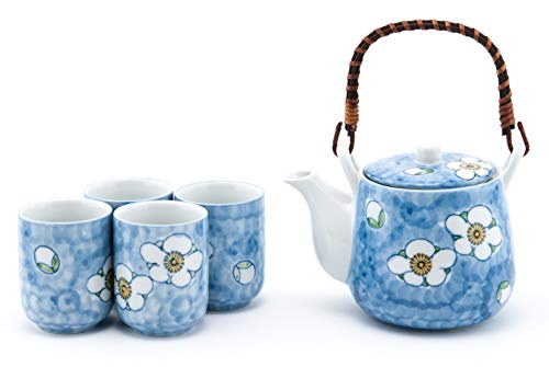 FMC Fuji Merchandise Japanese Blue Umei Plum Blossoms Ceramic Tea Pot and 4 Cups Tea Set Asian Home Decor