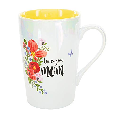 Pavilion Gift Company 57004 Love You Mom 15 Oz Stoneware Iridescent Floral Latte Coffee Cup Mug, White