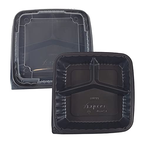 DHG Professional ecopax 75 Sets PP Pebble Box Serving Tray and Vented Lid, Food Container (9x9 3 Compartment) Lunch Box, Food Container, Black