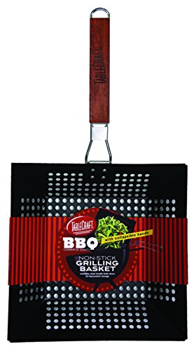 TableCraft BBQ2112 BBQ Nonstick 21-Inch Square Grilling Basket with Wood Handle, Small, Black