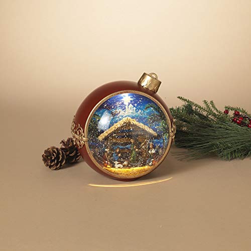 Gerson 2588530 Battery Operated Lighted Musical Spinning Water Globe Ornament with Nativity Figurine 7.75" H