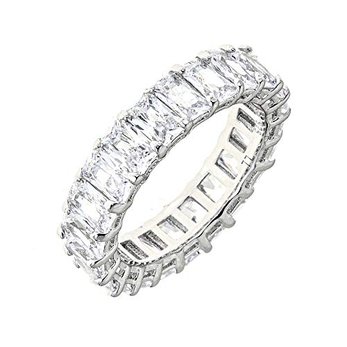 Maya J Eternity Ring - Emerald-Cut, with Artisan Fashioned Gemstones, Clear, Size 9