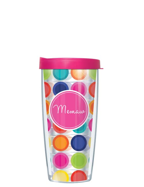 Freeheart Memaw Hot Pink Insignia Wrap on Happy Circles w/ Hot Pink Lid Tumbler Cup 16 Oz | Fantastic Temperature Retention, Thermal Insulated! Dishwasher and Microwave Safe | Great Gift Idea
