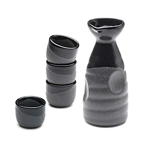 FMC Fuji Merchandise Porcelain Sake Set Half-Glaze, 1 Bottle & 4 Cups (Grey & Black)