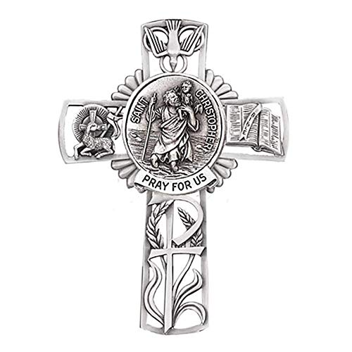 Christian Brands Pewter Catholic Saint St Christopher Pray for Us Wall Cross, 5 Inch