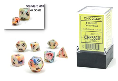 Chessex Dice Set ‚Äì 10mm Festive Circus/Black Plastic Polyhedral Dice Set ‚Äì Dungeons and Dragons D&D DND TTRPG Dice ‚Äì Includes 7 Dice - D4 D6 D8 D10 D12 D20 D%,CHX20442