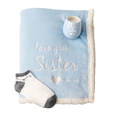 Pavilion - Love You Sister - 42" x 50" Sherpa Blanket, 8 oz Candle & Ankle Sock Sister Stepsister Sister-in-Law Gift Set