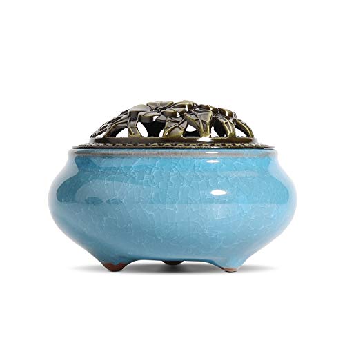 ComSaf Ceramic Incense Burner with Brass lid Set of 1, Stick Cone Coil Holder Ash Catcher Ideal Gift for Home Decor Yoga Spa Meditation
