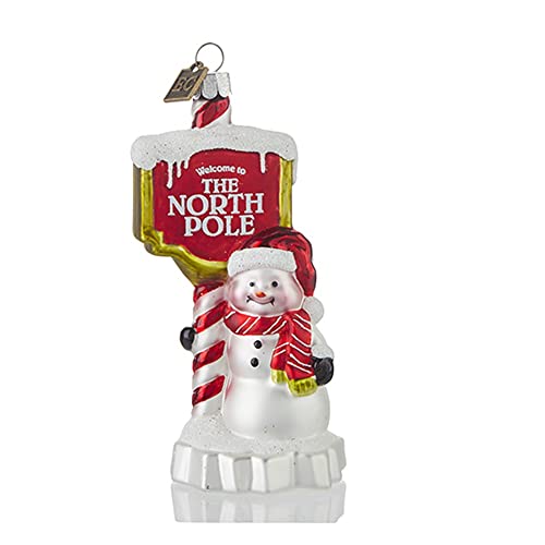 Raz Welcome to The North Pole Snowman Christmas Figurine Ornament 5.5" Glass Hanging Ornament Christmas Tree Decoration