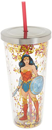 Spoontiques 21305 Wonder Woman Glitter Cup With Straw, Multicolor