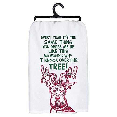 Primitives by Kathy Kitchen Dish Towel - Christmas Dog Knock Over Tree, Multi-Colored, 28x28